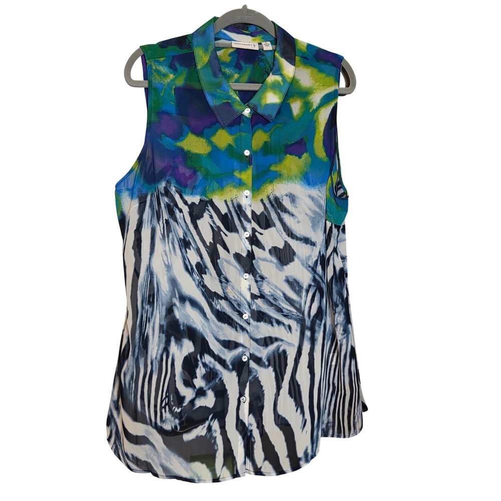 Susan Graver Watercolor Abstract Sheer Button Down Shirt Blue Green Purple XL